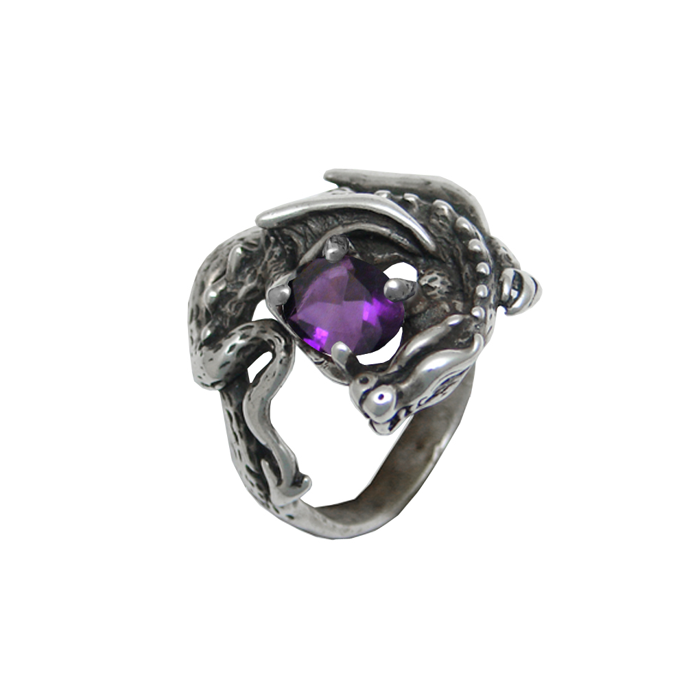 Sterling Silver Detailed Dragon Ring With Amethyst Size 8